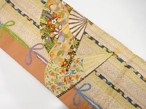 扇に鴛鴦・花模様織出し袋帯